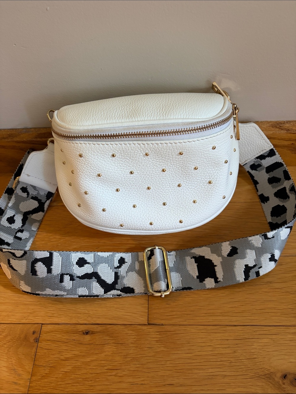 White Studded Leather Belt Bag with Patterned Strap